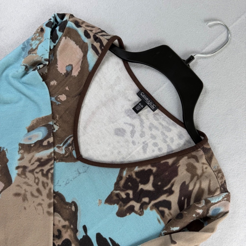 Conrad C Collection Womens Blue Brown Abstract Animal Print V-Neck Top Size M